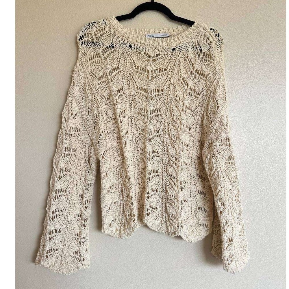 Zara Cream Open Knit Crochet Sweater M Euro Summer Boho Cottagecore Coastal Y2K